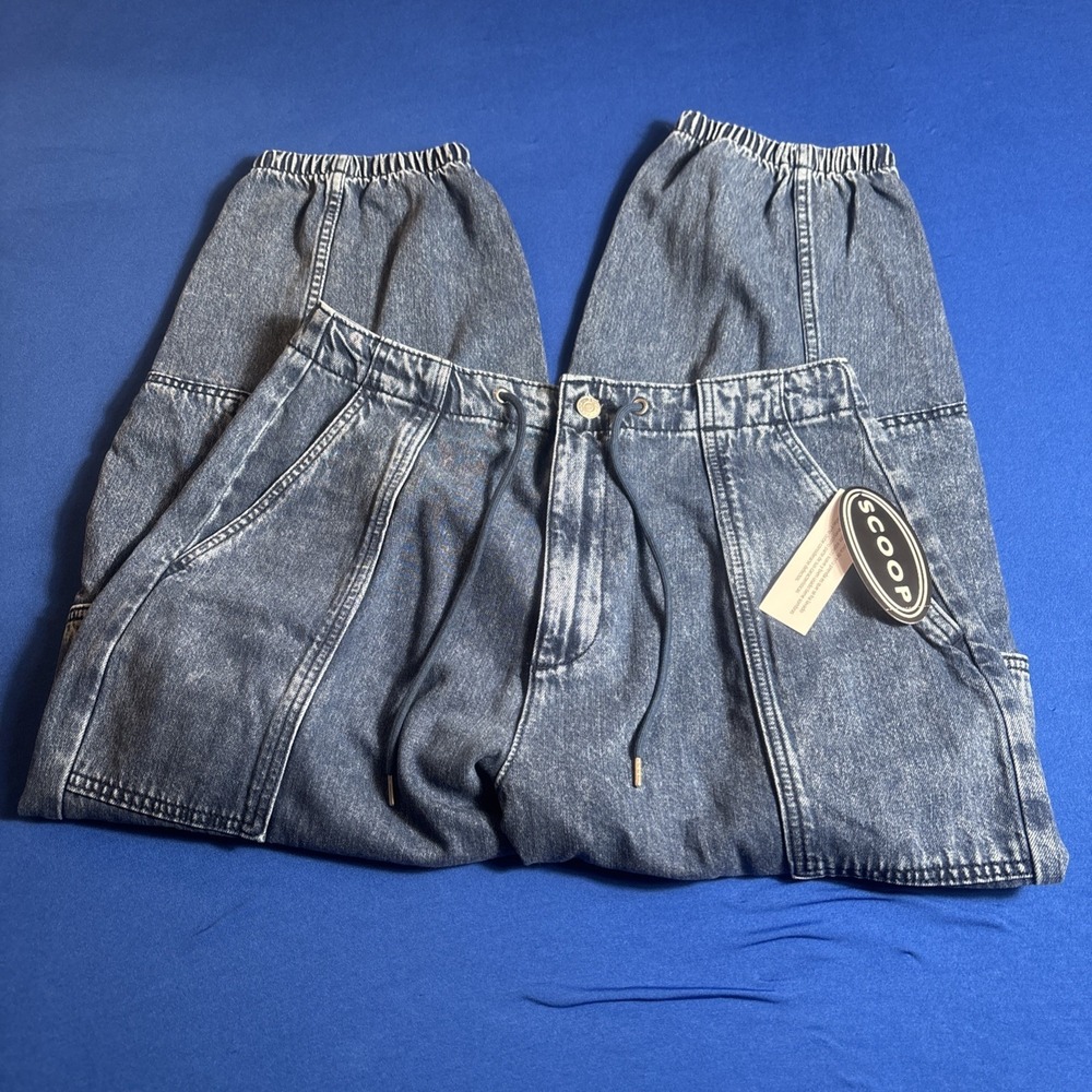 Scoop Mid Rise Barrel Leg Cargo Utility Denim Jogger Jeans Sz 8/10 Dark Wash New